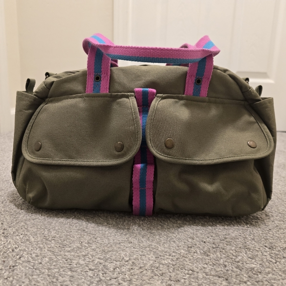 Ralph Lauren Messenger Bag Army Green Canvas Pink Stripes Travel Vacation - Picture 2 of 13